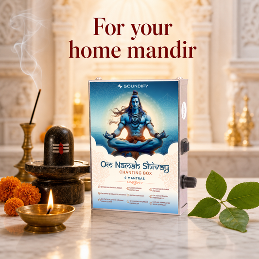 Shiv Ji Mahadev mantra chanting box in a home mandir with diya and flowers
