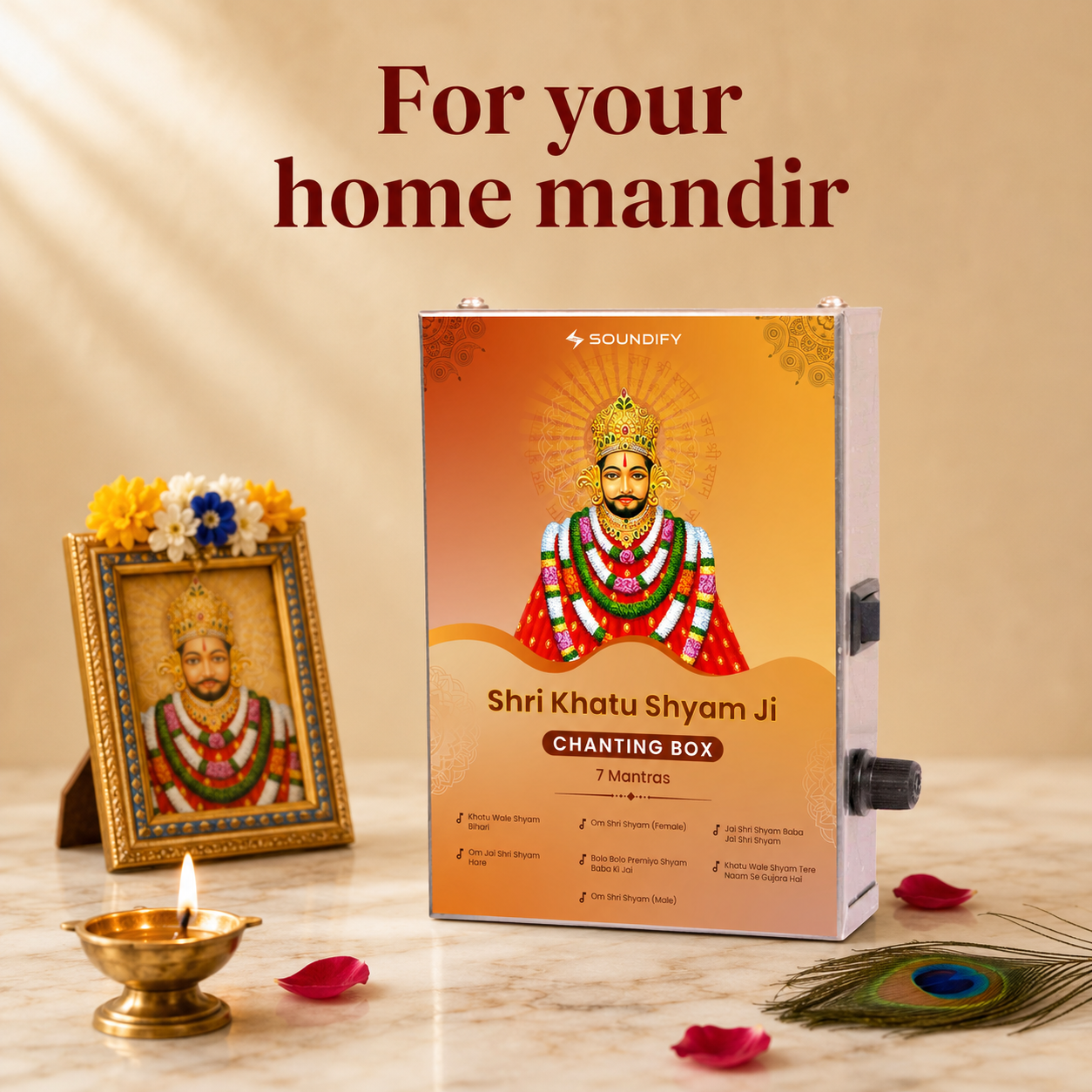 Shri Khatu Shyam Ji mantra box in a home mandir with framed Shyam Baba picture, diya and peacock feather