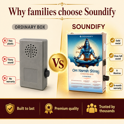 Soundify metal Shiv Ji mantra box next to a cheap plastic chanting box