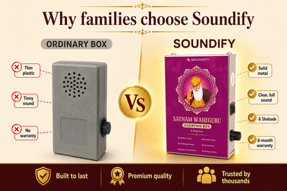 Why families choose Soundify: solid metal Waheguru mantra box vs ordinary plastic box