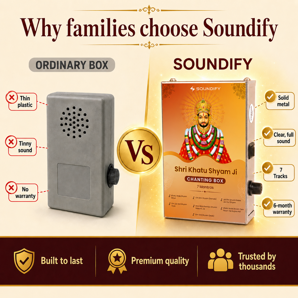 Why families choose Soundify: solid metal Khatu Shyam mantra box vs ordinary plastic box, 7 tracks