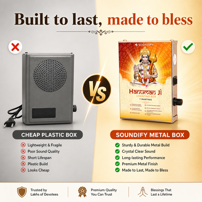 Soundify metal Hanuman mantra box next to a cheap plastic box, built to last
