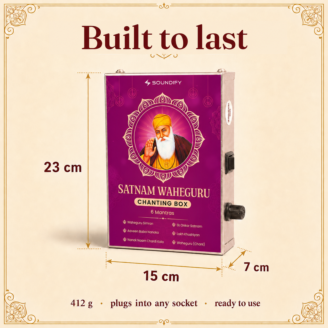 Built to last: solid metal Waheguru mantra box, 23 x 15 x 7 cm, 412 g, plugs into any socket
