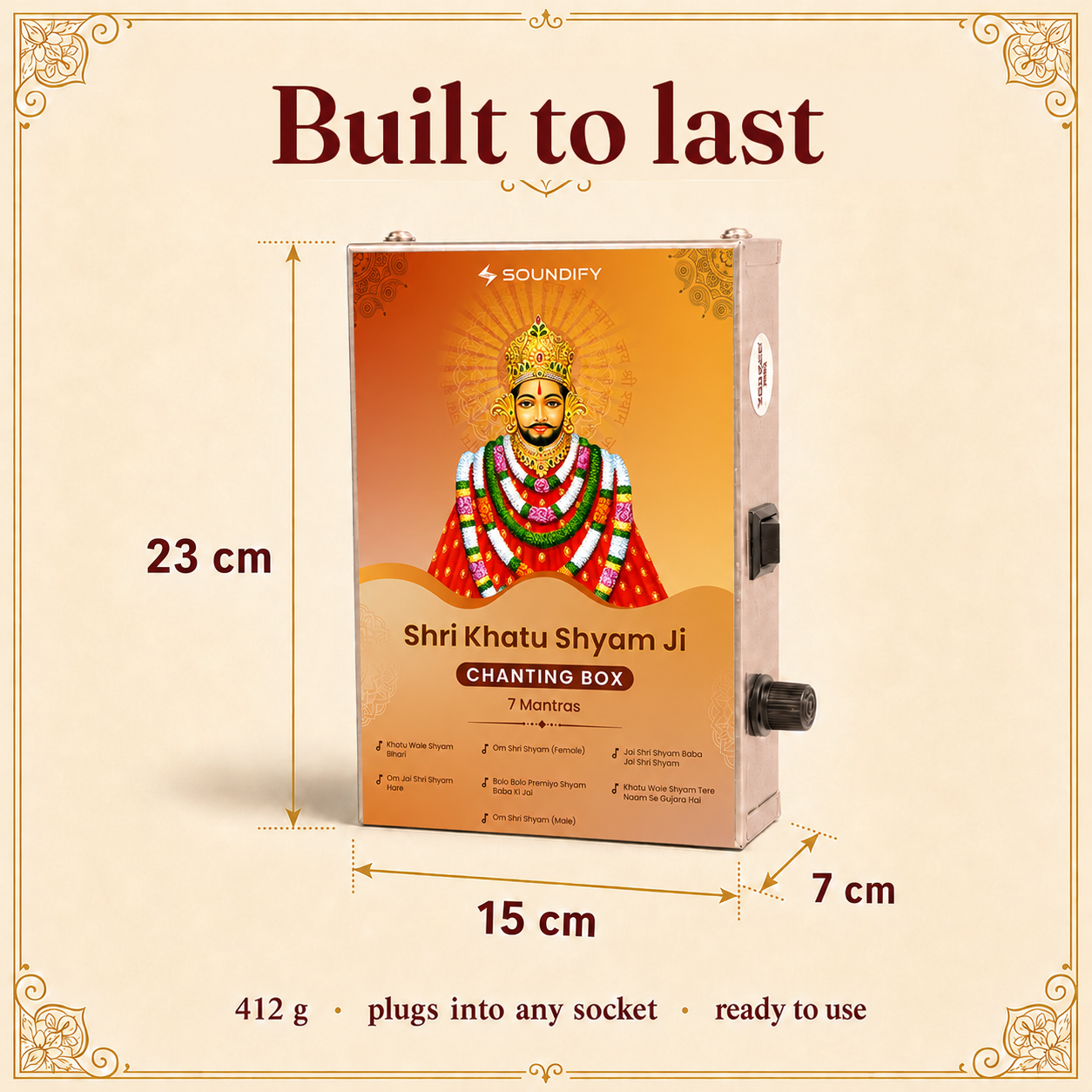 Built to last: solid metal Khatu Shyam mantra box, 23 x 15 x 7 cm, 412 g, plugs into any socket