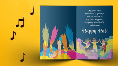 Beautiful Holi Musical Greeting Card with Soothing Music " Rang Barse.... " Starts When Card is Opened ( Yellow )